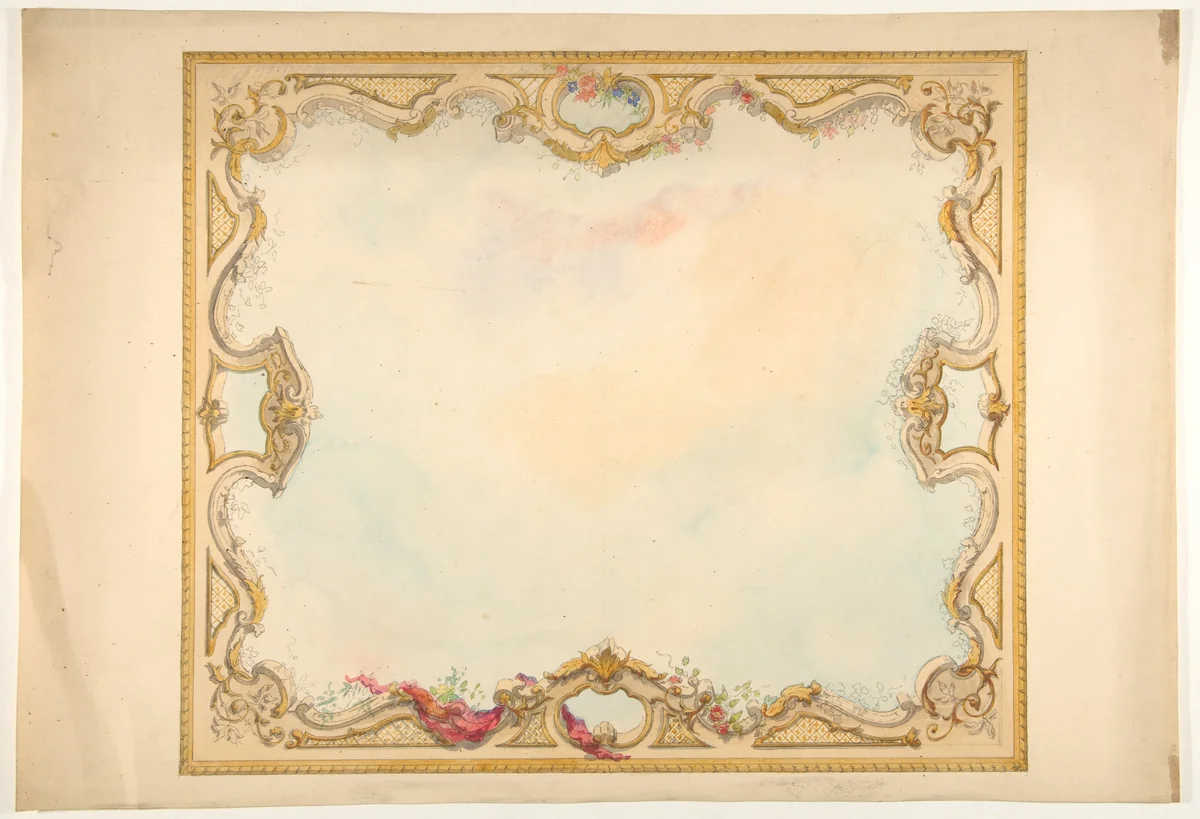 Design for the decoration of aceiling with painted clouds and a pierced border by Jules-Edmond-Charles Lachaise, drawing, 1830-1897