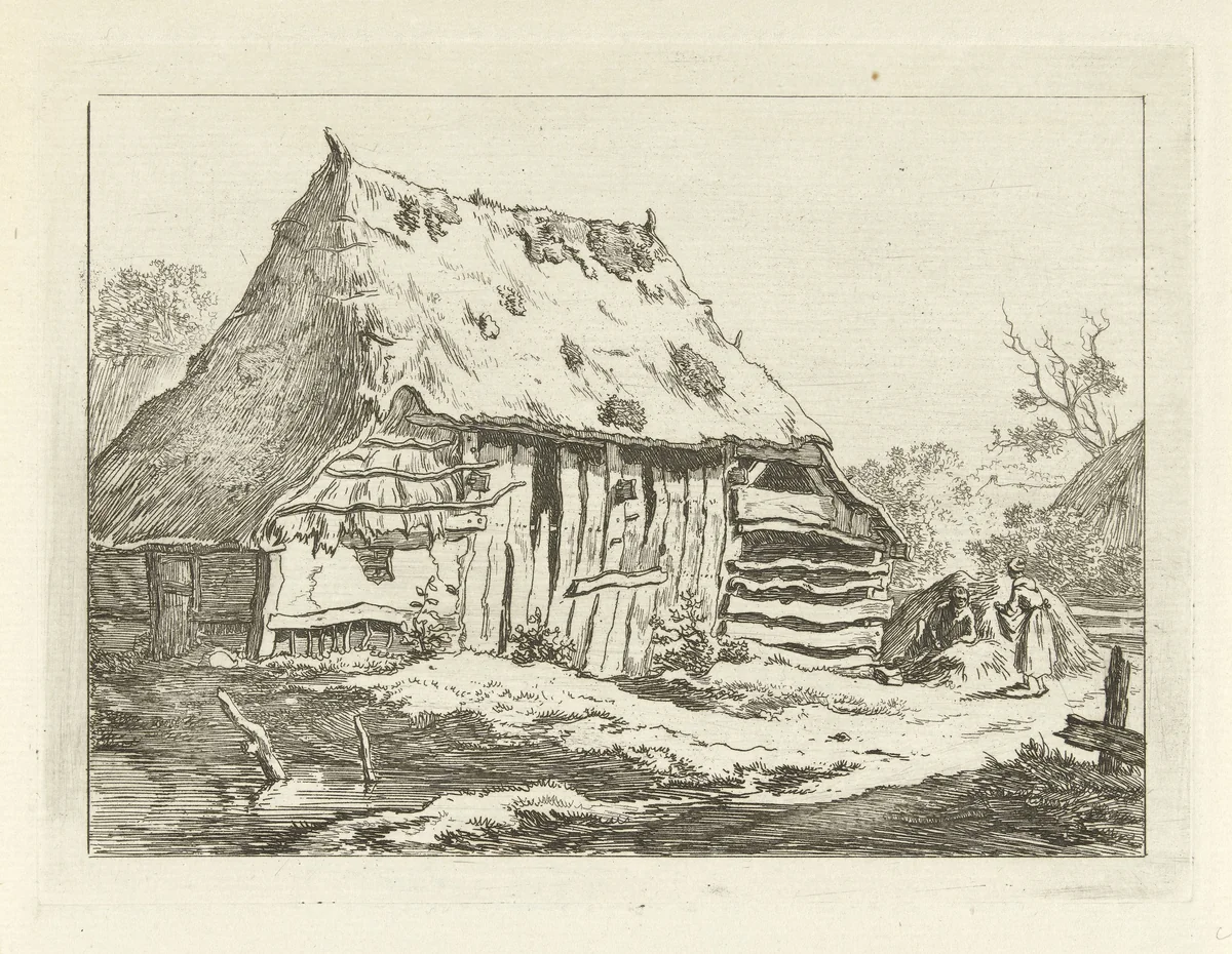 Paar bij een boerenschuur by Carel Lodewijk Hansen, print, 1780-1840