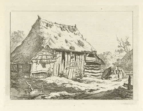 Paar bij een boerenschuur by Carel Lodewijk Hansen, print, 1780-1840