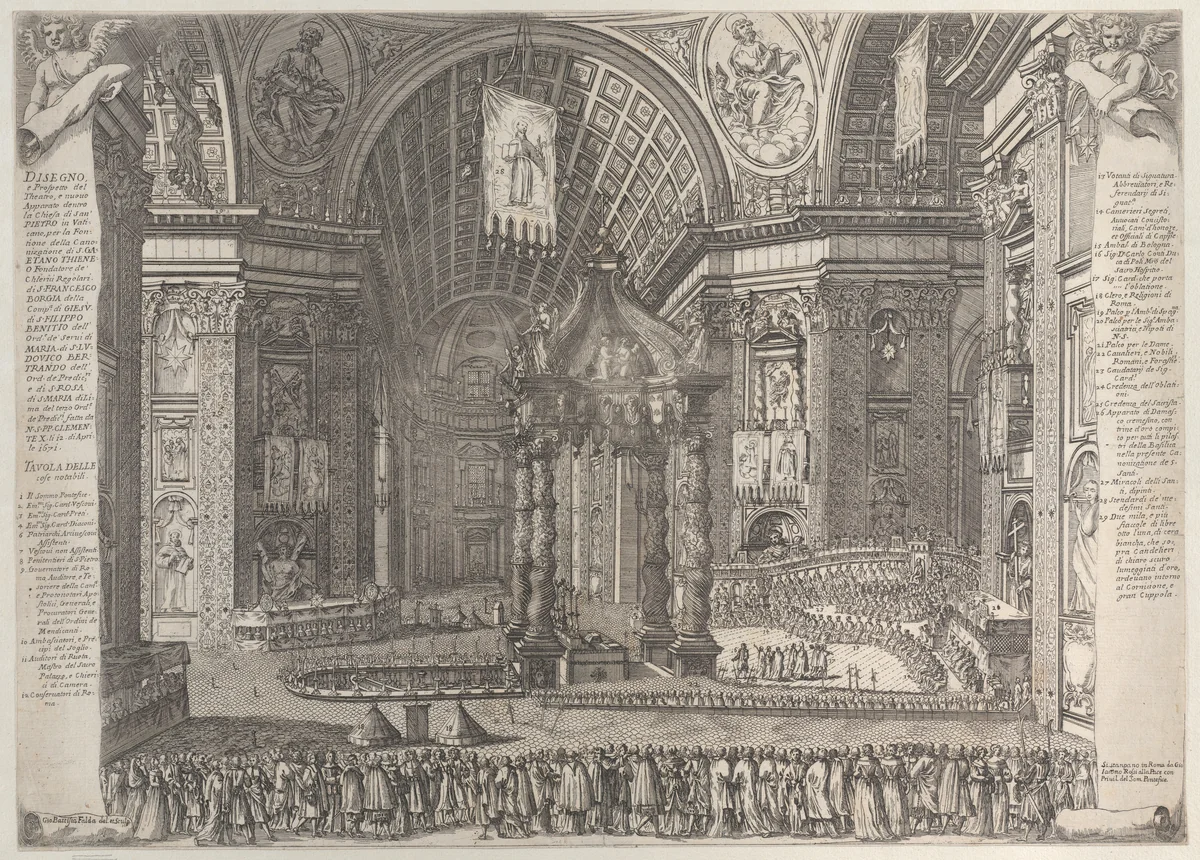 Theater in Saint Peter's Basilica for the Canonization of Gaetano Thiene and Francis Borgia on April 12, 1671 by Giovanni Battista Falda, print, 1671