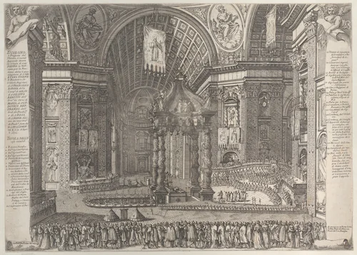 Theater in Saint Peter's Basilica for the Canonization of Gaetano Thiene and Francis Borgia on April 12, 1671 by Giovanni Battista Falda, print, 1671