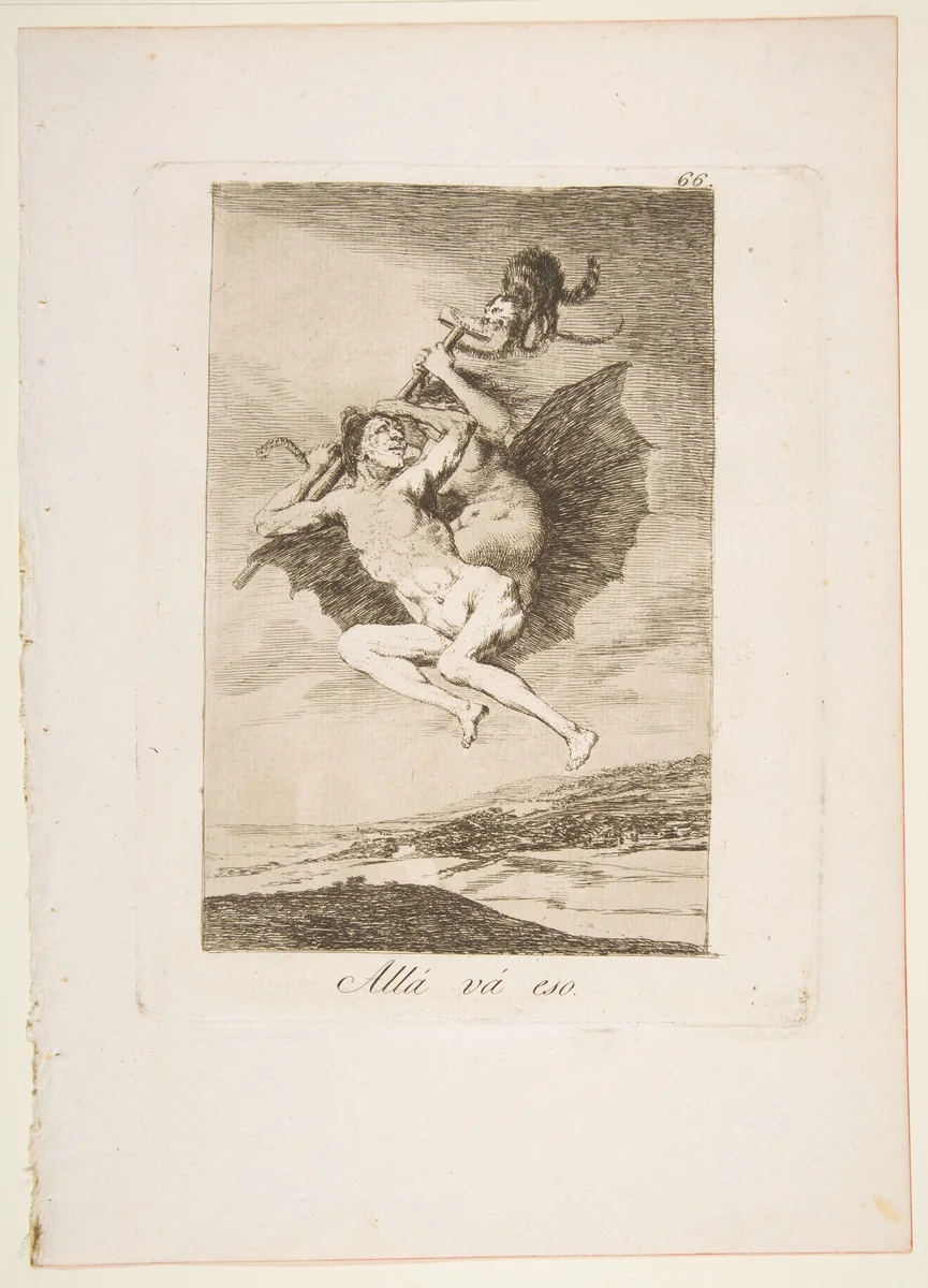 Plate 66 from "Los Caprichos": There it goes (Allá vá eso) by Goya, print, 1799