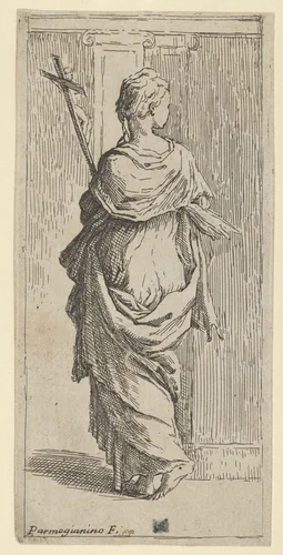 Girl carrying a crucifix and stepping toward a pilaster, seen from behind by Guido Reni, print, 1585-1605