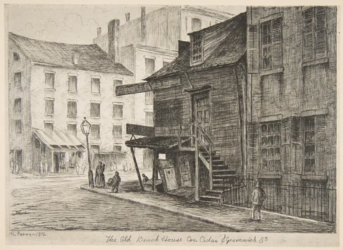 The Old Beach House, Corner of Cedar and Greenwich Streets, from "Scenes of Old New York" by Henry Farrer, print, 1874