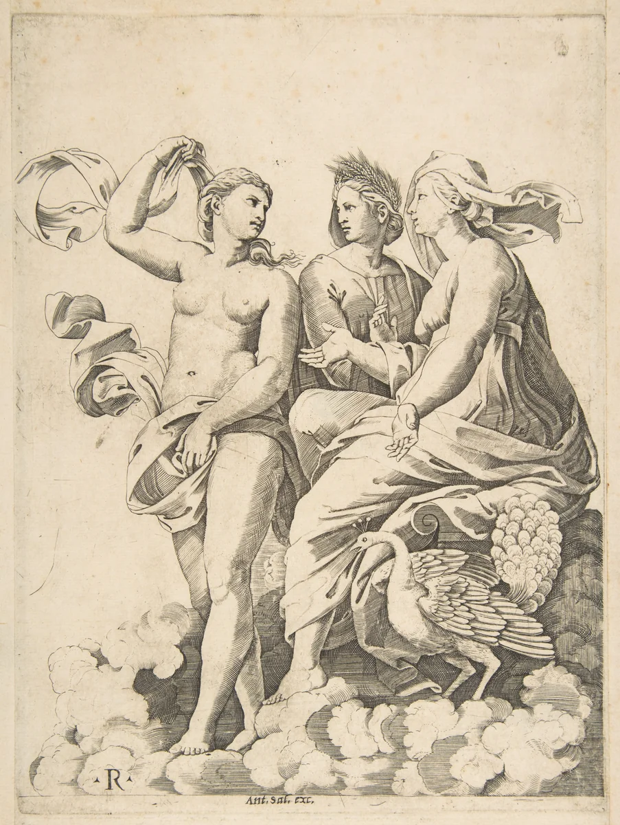 Juno, Ceres, and Psyche in the clouds conversing, Juno seated with a peacock at her feet, Ceres wearing a garland of wheat and Psyche partially naked and holding a cloth by Marco Dente, print, 1510-1532