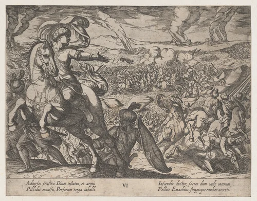 Plate 6: Darius Fleeing from the Battlefield, from "The Deeds of Alexander the Great" by Antonio Tempesta, print, 1608