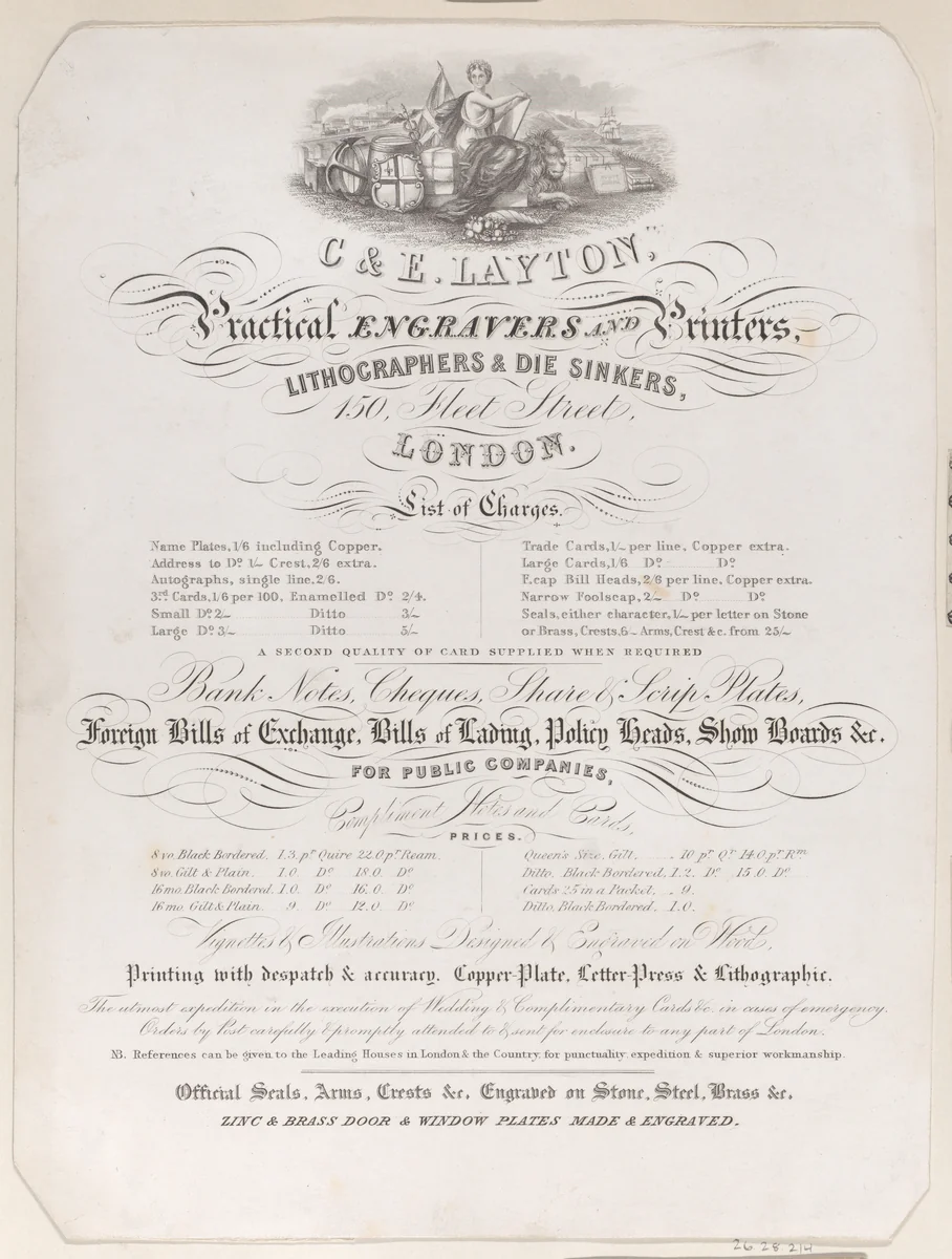 Trade Card for Charles and Edwin Layton, Engravers and Printers by anonymous, print, 1795-1805