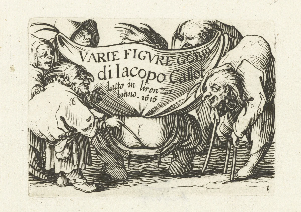 Titelblad voor prentserie 'Diverse gebochelden'/'Varie figure gobbi di Jacopo Callot' by Abraham Bosse, print, 1621-1676