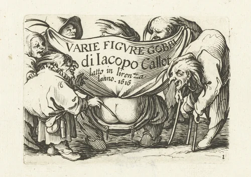 Titelblad voor prentserie 'Diverse gebochelden'/'Varie figure gobbi di Jacopo Callot' by Abraham Bosse, print, 1621-1676