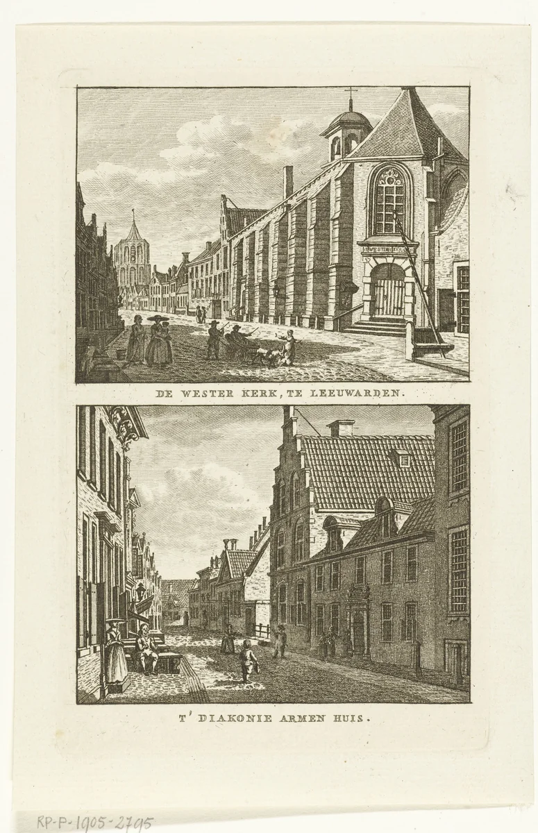 Twee stadsgezichten te Leeuwarden: Westerkerk en Armenhuis by Carel Frederik Bendorp, print, 1786-1792