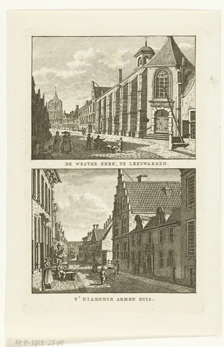 Twee stadsgezichten te Leeuwarden: Westerkerk en Armenhuis by Carel Frederik Bendorp, print, 1786-1792