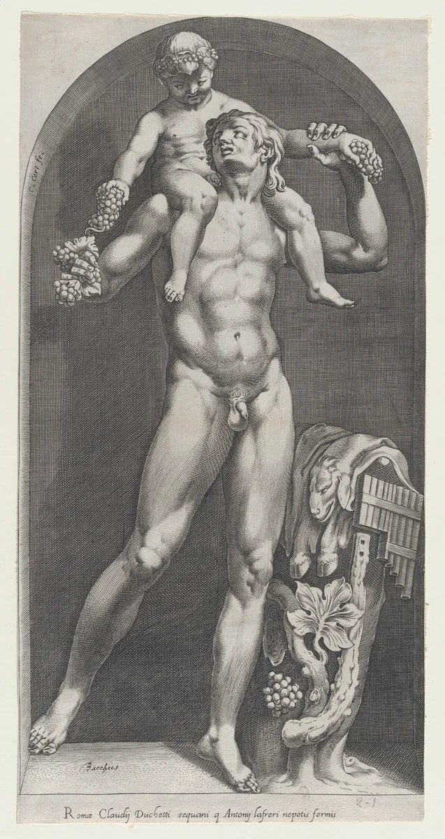 Bacchus on the Shoulders of a Satyr, from "Speculum Romanae Magnificentiae" by Cornelis Cort, print, 1530-1580