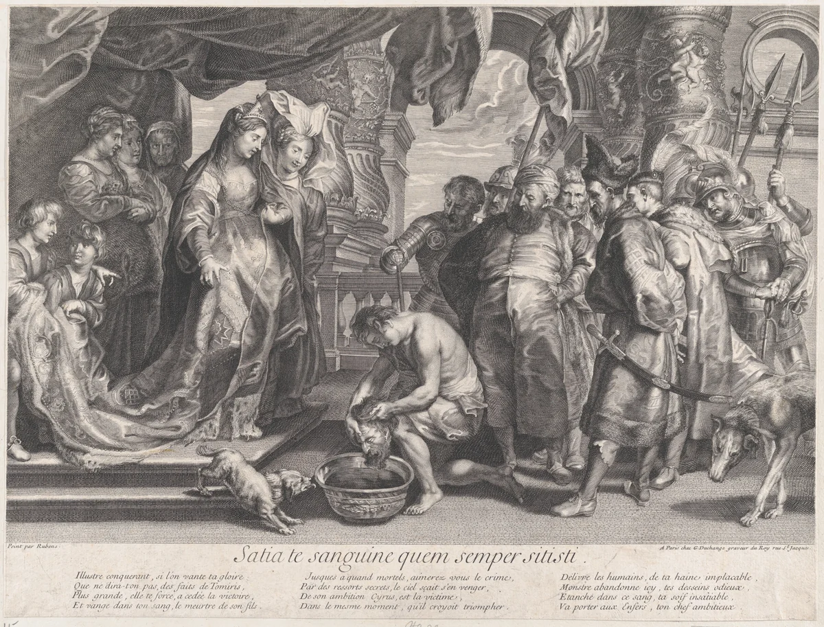 The Head of Cyrus brought to Queen Tomyris by Gaspard Duchange, print, 1708-1725