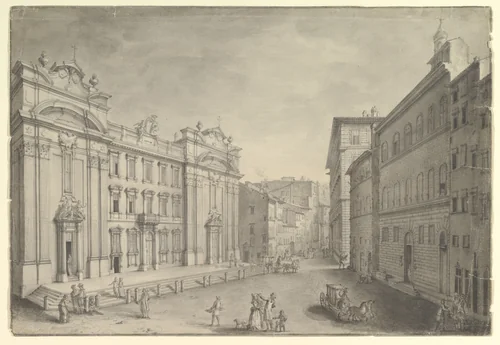 View of Piazza San Firenze and the church of San Firenze, Florence, view toward Arno by anonymous, drawing, 1725-1775