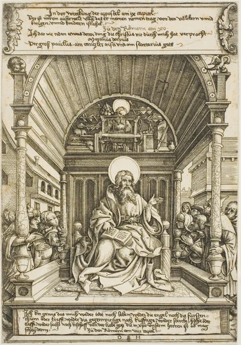 Saint Paul Enthroned Under a Baldachin by Daniel Hopfer, print, 1490-1536