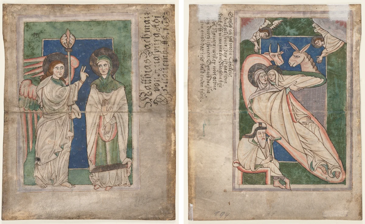 Leaf from a Psalter(?): Annunciation (recto); Nativity (verso) by Unknown, manuscript, 1200-1225