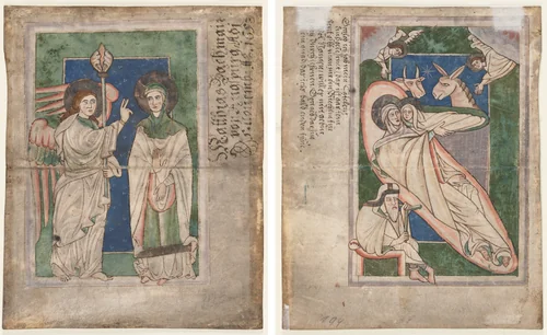 Leaf from a Psalter(?): Annunciation (recto); Nativity (verso) by Unknown, manuscript, 1200-1225