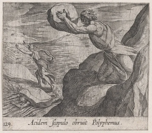 Plate 129: Acis Killed by Polyphemus (Acidem Scolpulo orbruit Polyphemus), from Ovid's 'Metamorphoses' by Antonio Tempesta, print, 1606