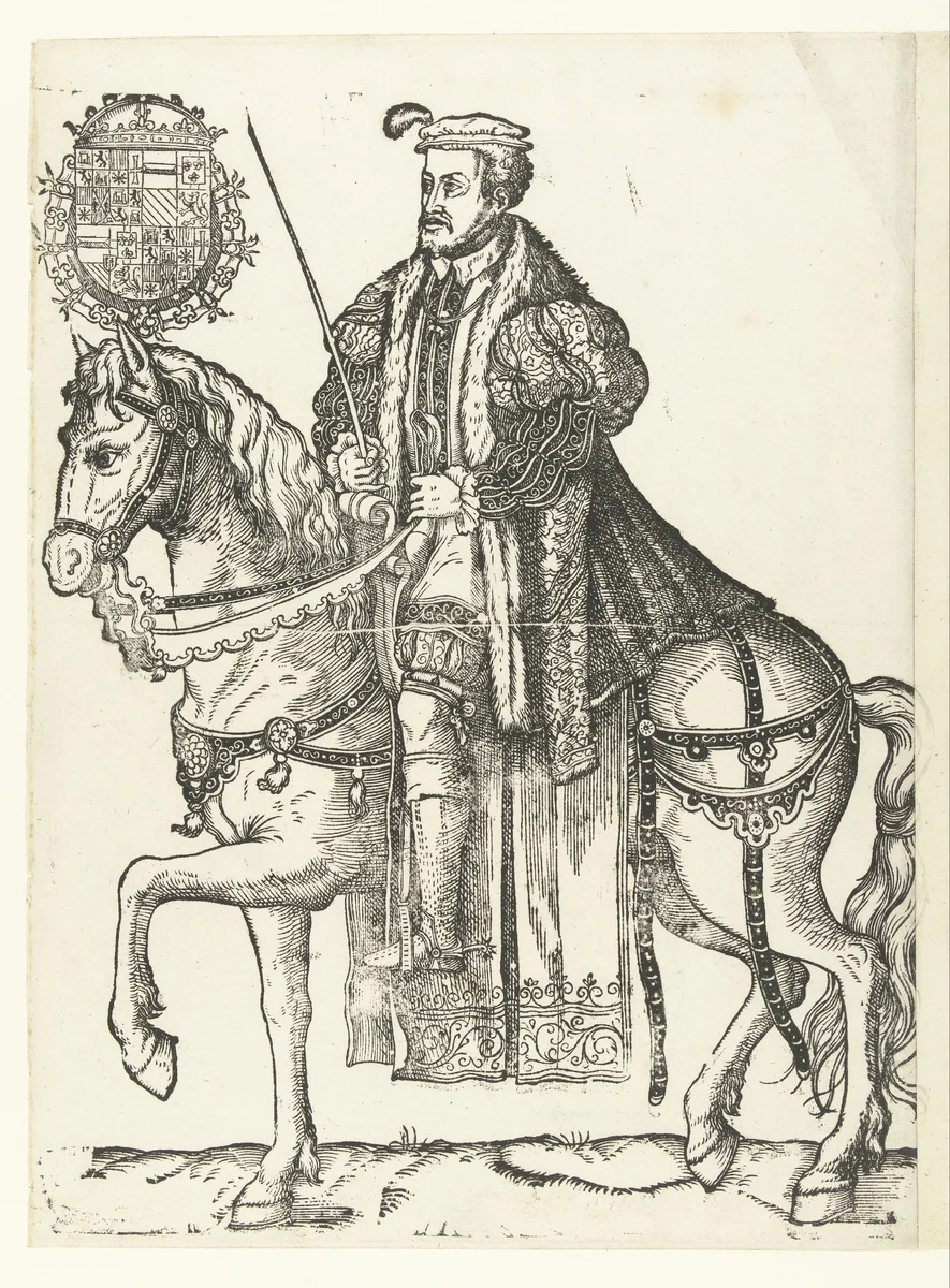 Portret van Karel V te paard by Unknown, print, 1538-1542