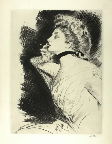 Half-Length Portait of a Seated Woman, Smoking a Cigarette, Facing Left by Paul César Helleu, print, 1895-1905