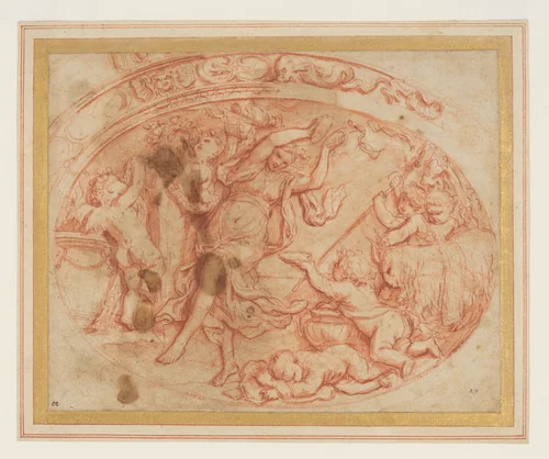 Design for the Decoration of an Oval Dish with a Bacchanal by Filippo Lauri, drawing, 1600-1699