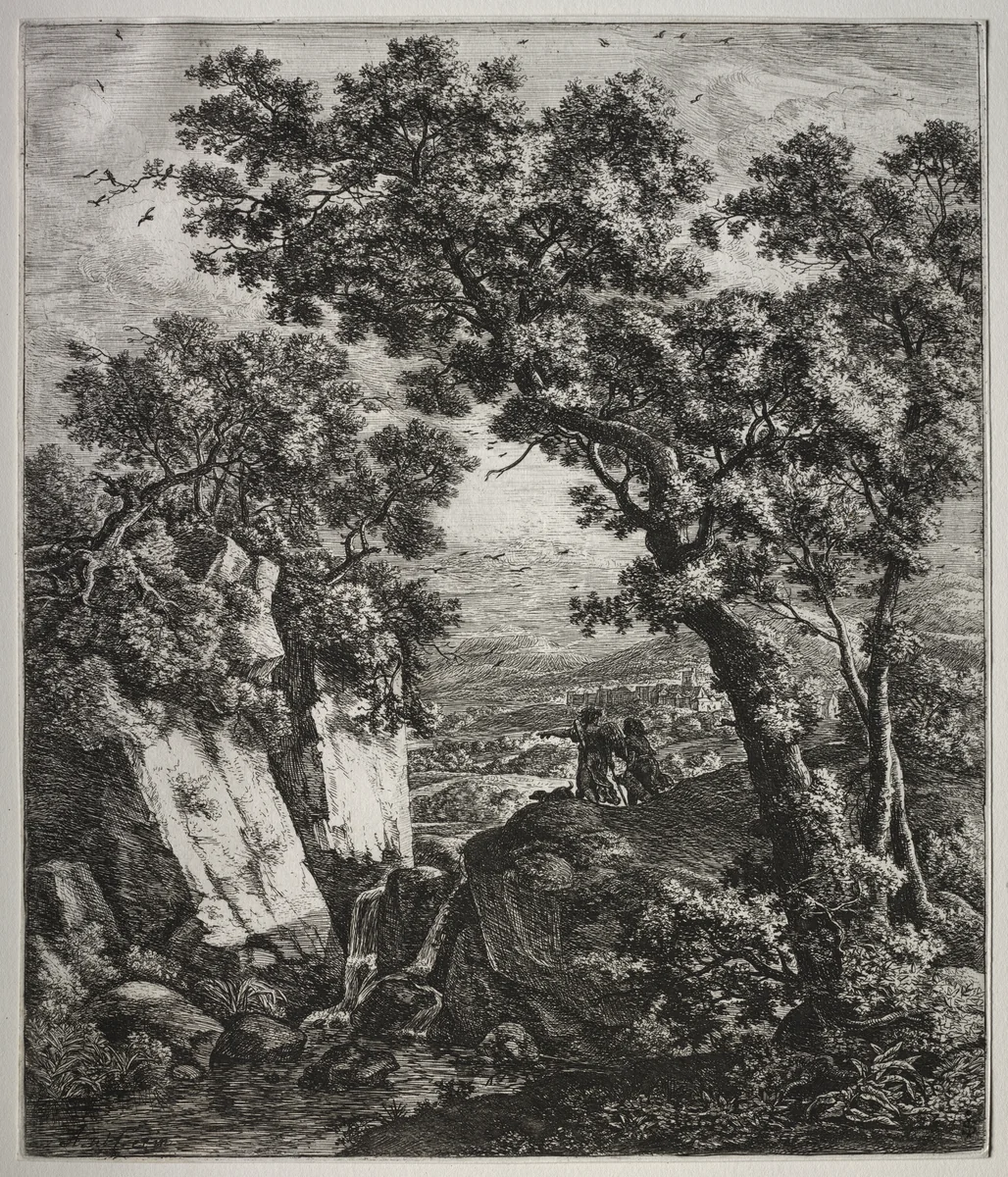 Six large upright landscapes with scenes from the Old Testament: Tobias and the Angel by Anthonie Waterloo, print, 1640-1690