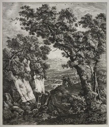 Six large upright landscapes with scenes from the Old Testament: Tobias and the Angel by Anthonie Waterloo, print, 1640-1690