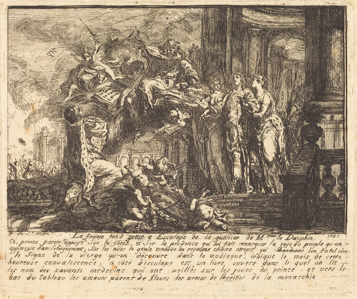 Allegory of the Dauphin's Convalescence (Allegorie sur la convalescence du Dauphin) by Gabriel de Saint-Aubin, print, 1752