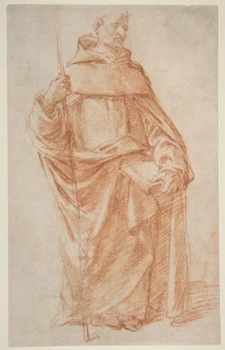 Standing Dominican or Servite Holding a Book and Staff (recto); Study of two warriors (verso) by Bernardino Poccetti, drawing, 1548-1612