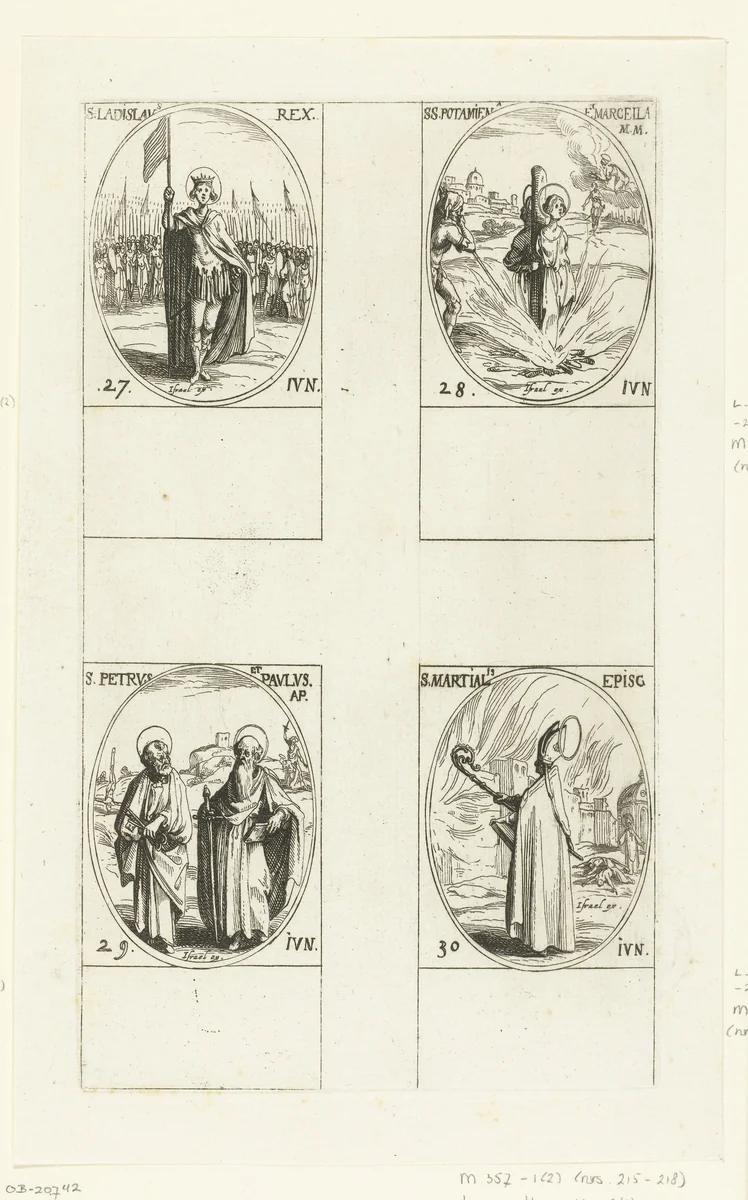 Heilige Ladislaus I van Hongarije, Heilige Potamioena de Oudere en Heilige Marcella, Heilige Petrus en Heilige Paulus, Heilige Martialis van Limoges (27-30 juni) by Jacques Callot, print, 1632-1636