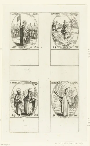 Heilige Ladislaus I van Hongarije, Heilige Potamioena de Oudere en Heilige Marcella, Heilige Petrus en Heilige Paulus, Heilige Martialis van Limoges (27-30 juni) by Jacques Callot, print, 1632-1636