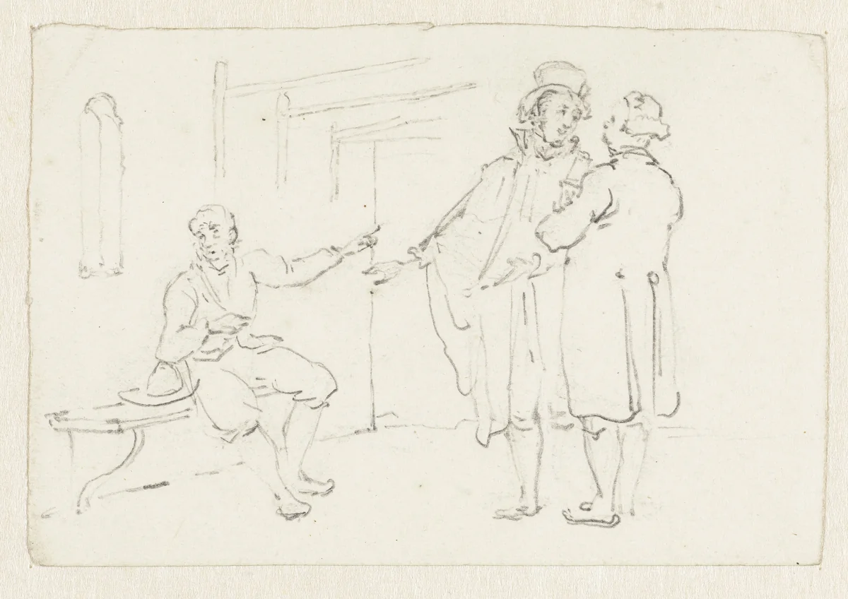 Twee staande mannen bij een zittende man by Pieter Bartholomeusz. Barbiers, drawing, 1782-1837