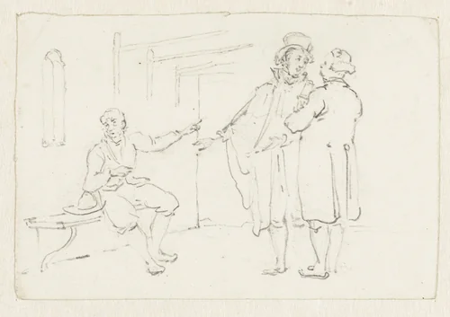 Twee staande mannen bij een zittende man by Pieter Bartholomeusz. Barbiers, drawing, 1782-1837