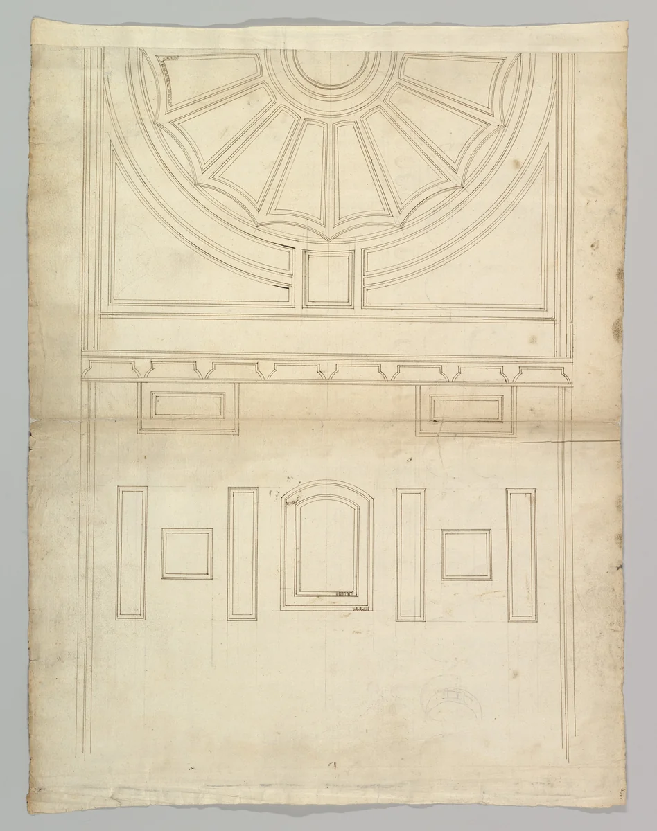 Unidentified, ceiling plan (recto) Pont du Gard, perspective elevation (verso) by anonymous, drawing, 1500-1560