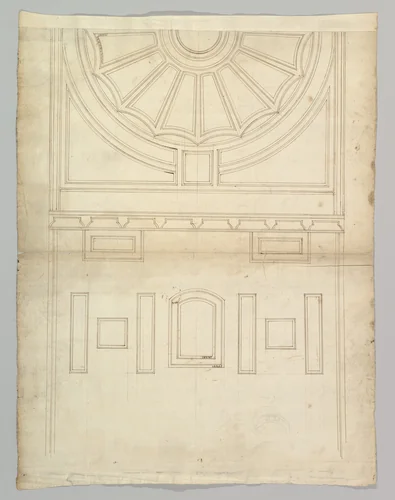 Unidentified, ceiling plan (recto) Pont du Gard, perspective elevation (verso) by anonymous, drawing, 1500-1560