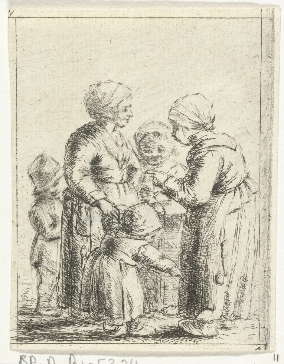 Drie vrouwen in gesprek by Christina Chalon, print, 1758-1808