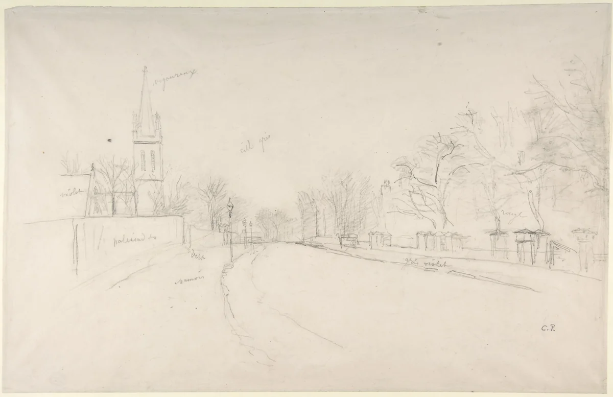 All Saints Church, Upper Norwood seen from the north side of Beulah Hill by Camille Pissarro, drawing, 1845-1903