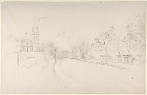 All Saints Church, Upper Norwood seen from the north side of Beulah Hill by Camille Pissarro, drawing, 1845-1903