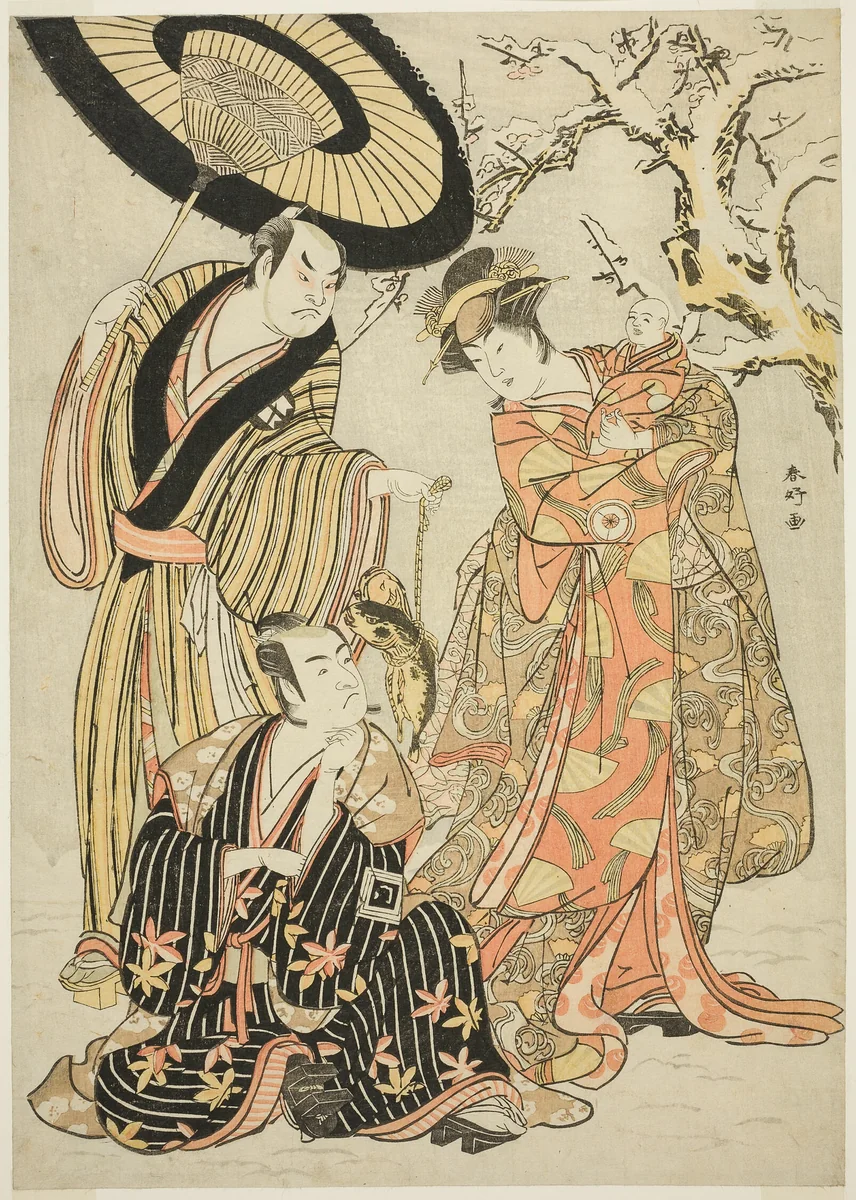 Actors Iwai Hanshirô IV, Ichikawa Monnosuke II, and Sakata Hangorô III, in “Snowflakes: Raising the Standard at Izu” (“Mutsu no Hana Izu no Hataage”) by Katsukawa Shunkō (勝川春好), print, 1781-1791
