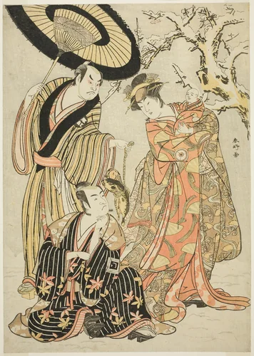 Actors Iwai Hanshirô IV, Ichikawa Monnosuke II, and Sakata Hangorô III, in “Snowflakes: Raising the Standard at Izu” (“Mutsu no Hana Izu no Hataage”) by Katsukawa Shunkō (勝川春好), print, 1781-1791