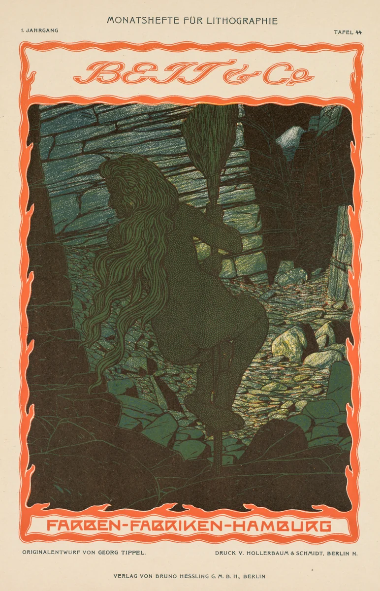 Nude Woman on a Broomstick (from Advertisement Series for Coloured Fabric, Beit & Co., Hamburg) by Georg Tippel, print