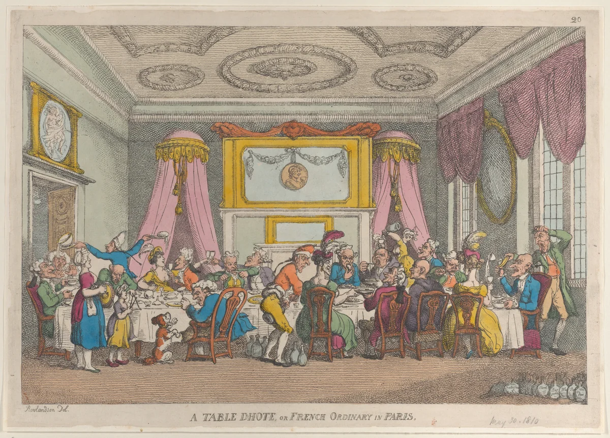 A Table D'Hote or French Ordinary in Paris by Thomas Rowlandson, print, 1810