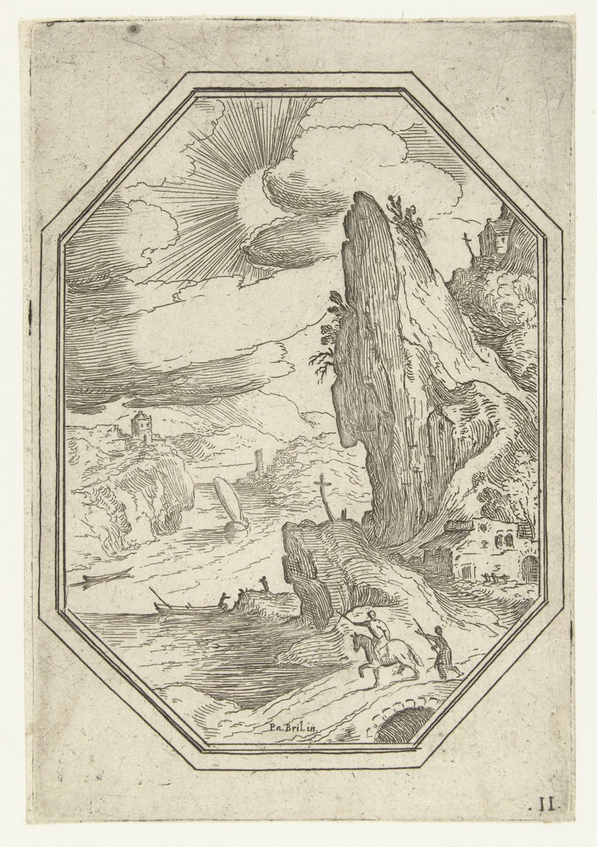 Landschap met ruiter in octagonaal kader by Unknown, print, 1582-1626