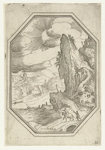 Landschap met ruiter in octagonaal kader by Unknown, print, 1582-1626