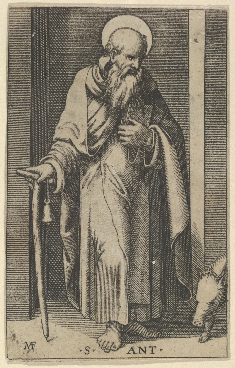 Saint Anthony, a staff in his right hand, from "Piccoli Santi" (Small Saints) by Marcantonio Raimondi, print, 1495-1532