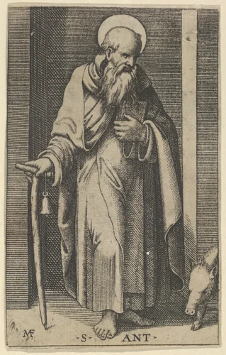 Saint Anthony, a staff in his right hand, from "Piccoli Santi" (Small Saints) by Marcantonio Raimondi, print, 1495-1532