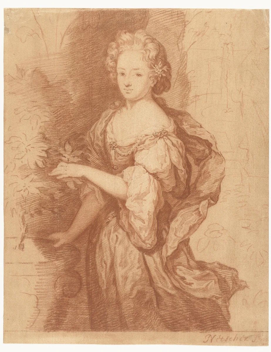 Portret van een voorname dame by Caspar Netscher, drawing, 1649-1684