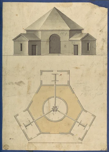 Outbuilding with Three Gears, from Chippendale Drawings, Vol. II by Thomas Chippendale, drawing, 1755-1765