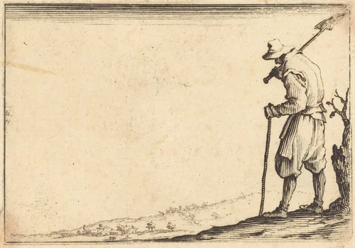 Peasant with Shovel on His Shoulder by Jacques Callot, print, 1617