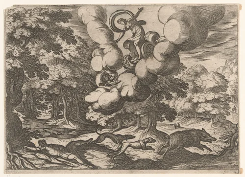 Landschap met de dood van Adonis by Antonio Tempesta, print, 1565-1630